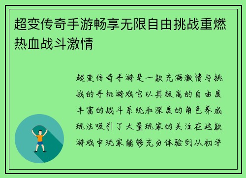 超变传奇手游畅享无限自由挑战重燃热血战斗激情