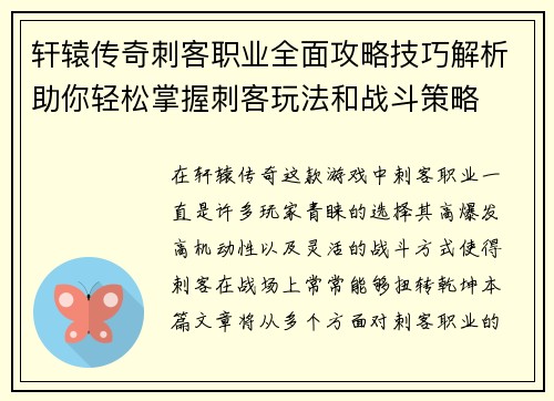 轩辕传奇刺客职业全面攻略技巧解析助你轻松掌握刺客玩法和战斗策略